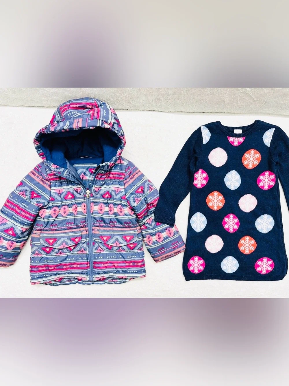 Girls Winter Set Hooded Zip Jacket Snowflake Fleece & Sweater Size 3T Years